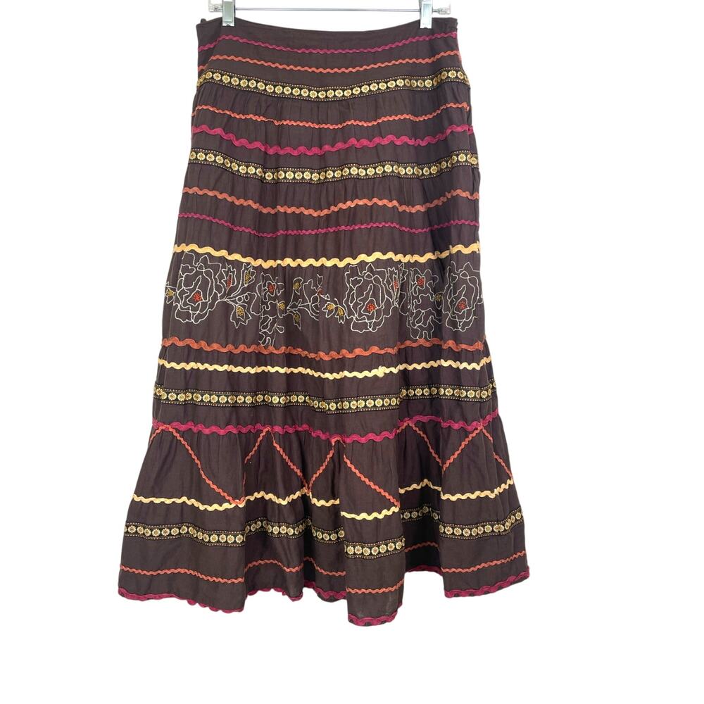 Vintage Y2K 90s Womens Skirt Sz L Peasant Embroidered Tiered Southwestern Fairy